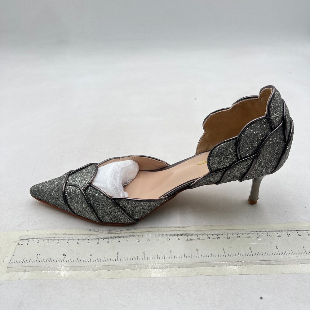XYD Dark Gray Glitter Pointed Toe D'Orsay Kitten Heel Rhinestone Studs Pumps - Picture 2 of 8